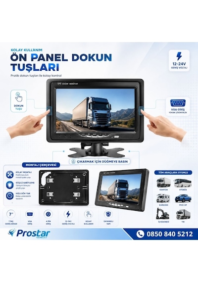 7 İnç Vga Ve 4 Pin Girişli Araç Monitörü Mobil Dvr Uyumlu 12-24v