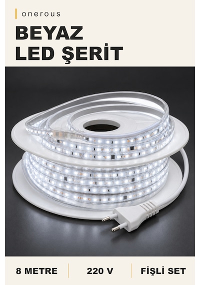 Onerous 8 M 220v Beyaz Led Şerit, Fişli, Yapışkanlı