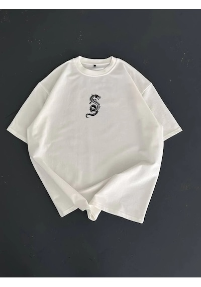 Erkek Baskılı Oversize Bisiklet Yaka Kısa Kol T-shirt - Beyaz Beyaz