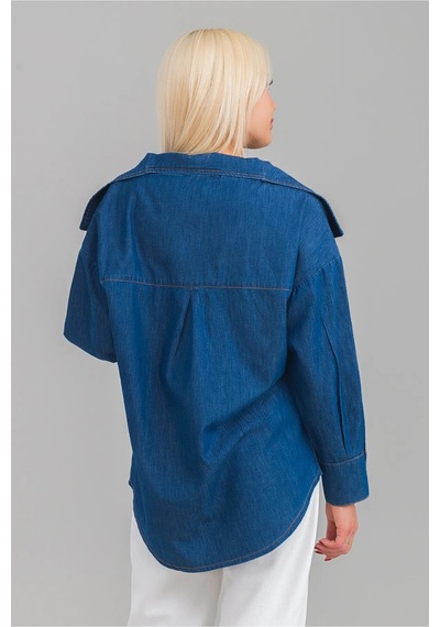 Bold & Young Kadın Pamuklu Denim Kumaş Kol Yırtmaç Düğmeli Büyü Yaka Kot Gömle Lacivert