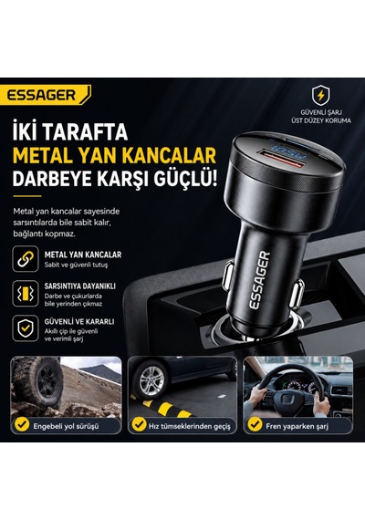 Essager 105w Araç İçi Hızlı Şarj Cihazı 3 Port 2 Type-c Usb Pd Dijital Ekranlı Çakmaklık Adaptörü