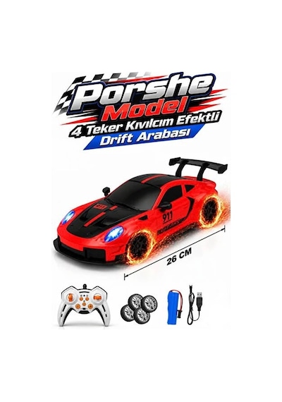 Uzaktan Kumandalı Kıvılcım Efekt Porsche Drift Yarış Arabası 4 Adet Yedek Lastik 26 Cm Sesli Oyuncak Kırmızı