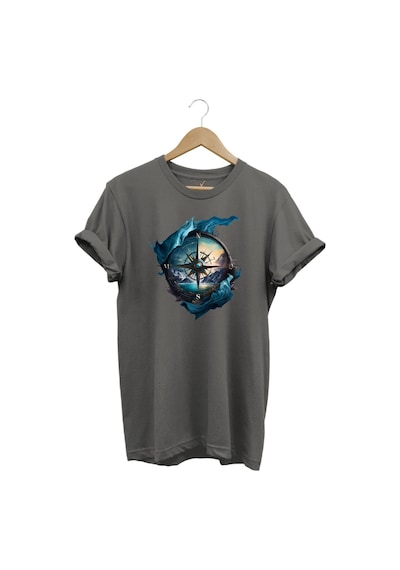 Renkli Manzara Ve Pusula Baskılı %100 Pamuk Regular Fit Gri T-shirt Gri