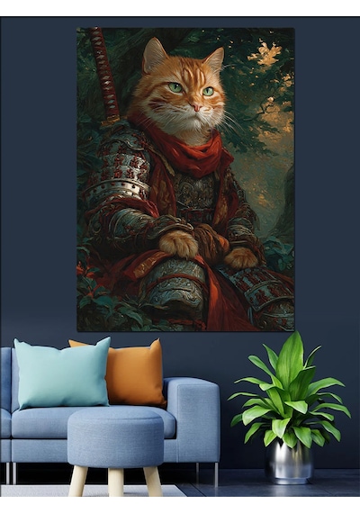 Ahşap Tablo Zırh Giyen Kedi Savaşçı