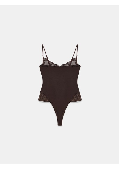 Dilvin 32730 Dantel Detaylı Askılı Bodysuit-koyu Kahve