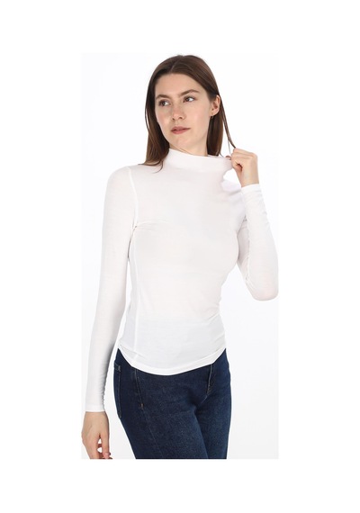 Kadın Modal Dik Yaka Slim Fit Tişört-beyaz Beyaz