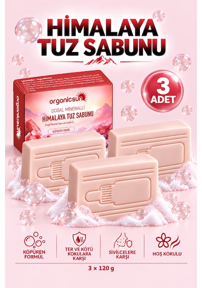 Organicsun Himalaya Tuz Sabunu 120 Gr X 3 Adet Köpüren Formül - Zengin Doğal Mineralli Pembe Himalaya Kaya Tuzu Sabunu