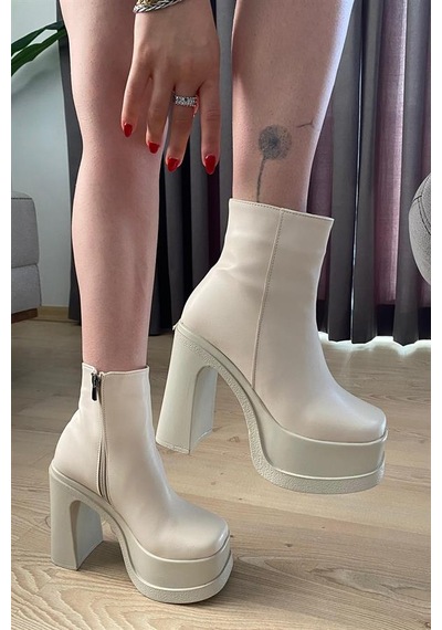 Kadın Krem 12 Cm Platform Topuklu Fermuarlı Bot Krem