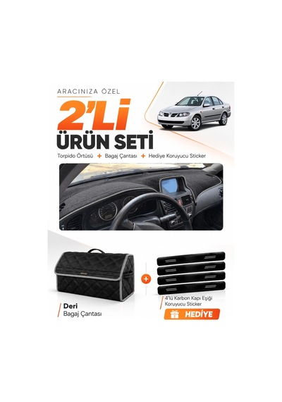 Nissan Almera Ekranlı 2000-2006 Uyumlu Torpido Örtüsü + Deri Bagaj Çantası + Sticker - Siyah Gri