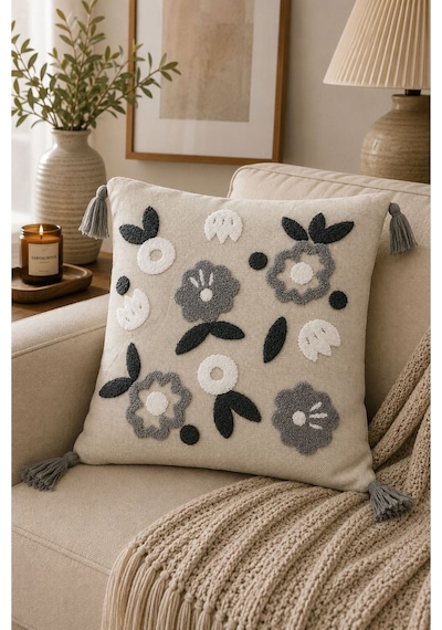 Punch Nakışlı Kırlent Kılıfı 45x45 Cm Kırlangıç Home Çapa Çiçek Desenli Gri Çiçek