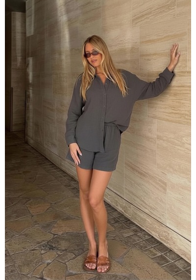 Seeh Füme Basic Müslin Şort Gömlek Takım Sh230