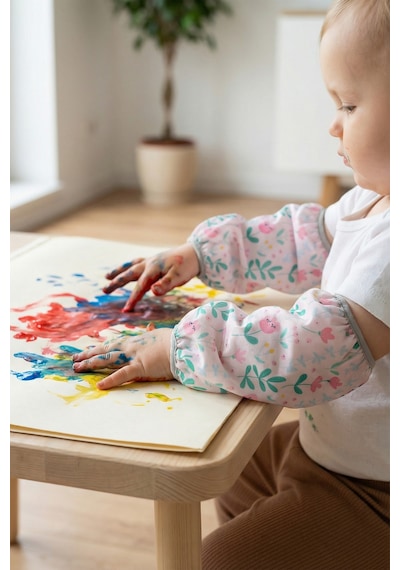 Sıvı Geçirmez Lastikli Bebek Mama Beslenme Kolluğu Seti Çocuk Aktivite Etkinlik Kol Kılıfı Flowy