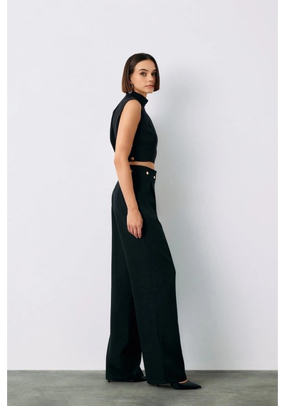 Sateen Çıt Çıt Detaylı Pantolon Siyah