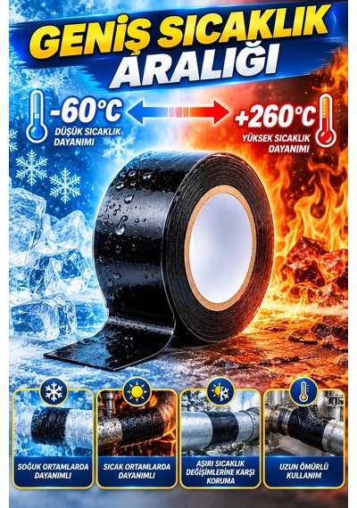 Kendinden Kaynayan Silikon Tamir Bandı Siyah 25 Mm 1,5 M 3 Kat Esnek, 8000 V Yalıtım