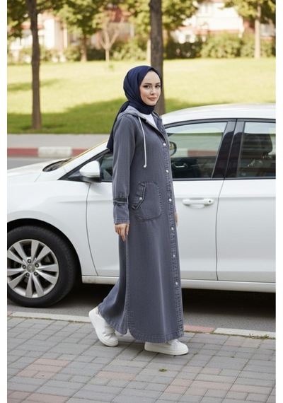 Hb Harma Time Butik Kadın Cepli Düğmeli Kapüşonlu Denim Koyu Gri Trençkot Gri Gri