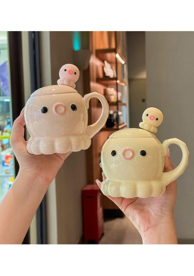 Ahtapot Temalı Kaşıklı Kapaklı Seramik Kupa Sarı
