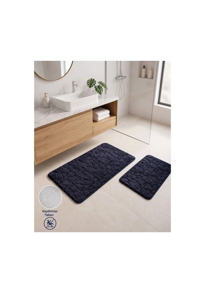 Nixa Taş Desenli 2 Li Banyo Paspası Seti Kaymaz Tabanlı, Yumuşak Dokulu, Lacivert