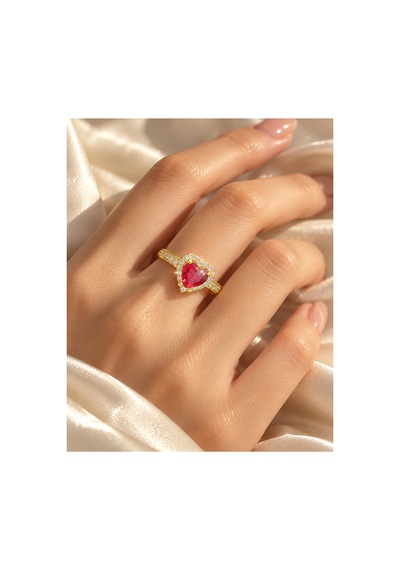 Esoo Jewelry Zirkon Taşlı Ayarlanabilir Kadın Yüzük Altın Renk Pirinç - Kırmızı Zirkon