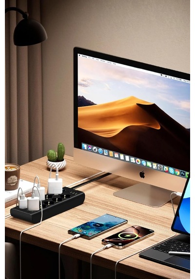 10'lu Akıllı Güç Koruma Grup Priz, 3x Usb-a 1x Usb-c, 3680w, 2 Metre Kablo, Siyah 0