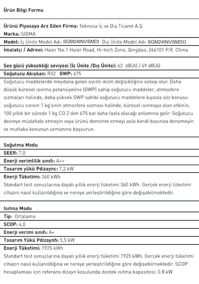 Sigma SGM24INVSMD Sigma Exclusive Inverter Klima Salon Tipi 24.000 BTU SMD