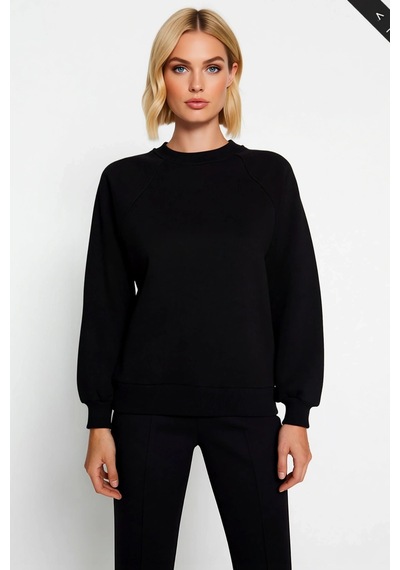Benerly Kadın Bisiklet Yaka Reglan Kol Düz Örme Sweatshirt Fonksiyonel Da siyah