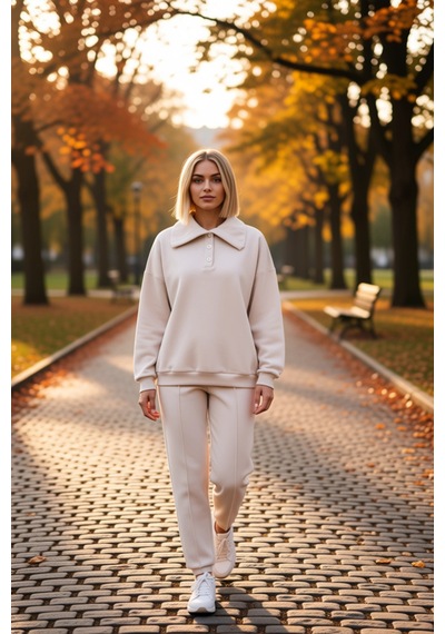 Benerly Kadın Polo Yaka Düşük Kol Örme Sweatshirt Fonksiyonel Dayanıklı K Taş