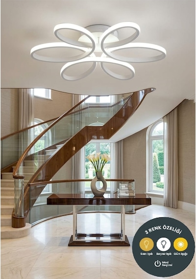 Yonca 6 Lı Beyaz Plafonyer Kumandalı 3 Renkli Salon, Mutfak, Çocuk Odası İçin Modern Led Avize