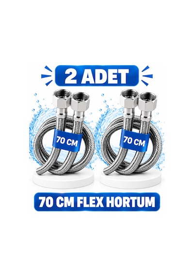 70 Cm Paslanmaz Çelik Örgülü Flex Hortum 2 Adet 3/8'x3/8' - Klozet Ve Taharet Musluğu İçin Dayanıklı Bağlantı Hortumu
