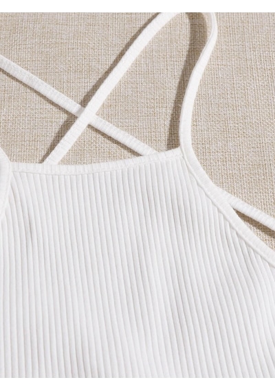 Liona Halter Yaka Sırtı Açık Çapraz Askılı Bağcıklı Beyaz Renk Fitilli Crop Top Bluz