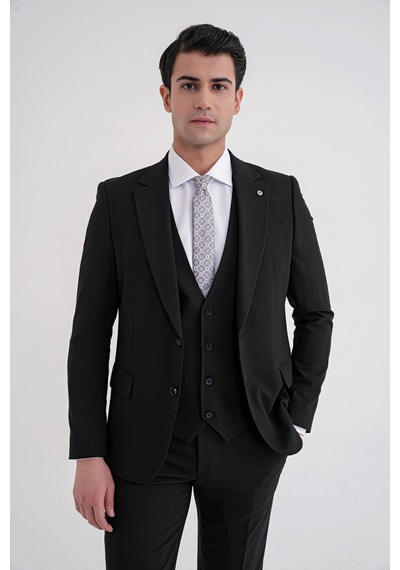 Efor Slim Fit Çift Yırtmaç %97 Yün Esnek Siyah Yelekli Klasik Takım Elbise Tk 937 Siyah Efor Slim Fit Çift Yırtmaç %97 Yün Esnek Siyah Yelekli Klasik Takım Elbise Tk 937 Siyah