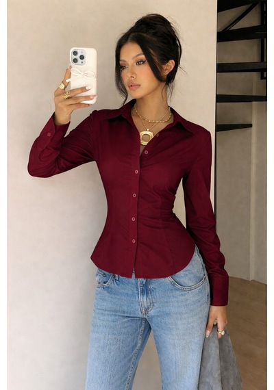 Kadın Premium Gömlek Slim Fit Uzun Kollu Şık Ofis Günlük Kombin Basic Klasik Gömlek Bordo
