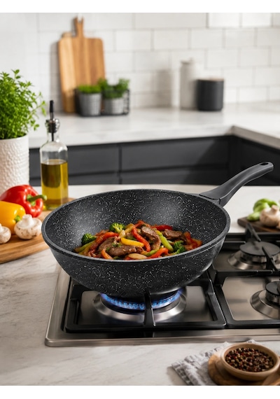 İtalyan Tasarım 28 Cm Döküm Granit Wok Tava Çok Renkli