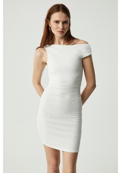 Ethıquet INNSA Kadın Bürümcük 3 boyutlu Kumaşlı Tek Omuzlu Bodycon Ekru Elbise