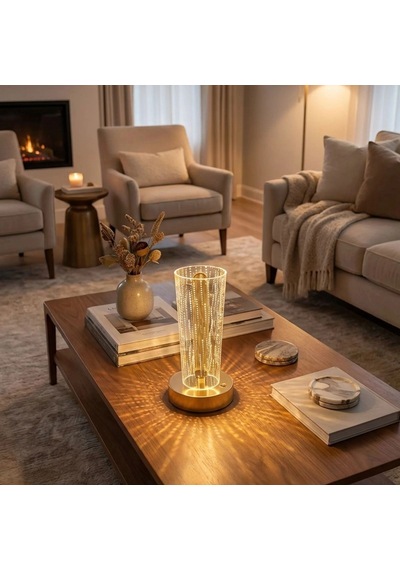 Silindirik Kristal Nokta Model Led Masa Lambası Gold Tabanlı, Dokunmatik, 3 Renk Işık Modlu, Şarjl Çok Renkli