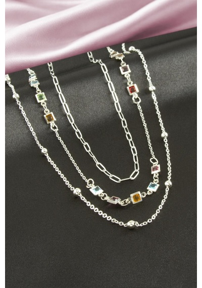 Kare Kristal Taşlı Üçlü Kolye Çok Renkli 87441774