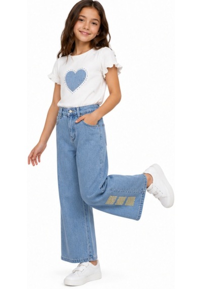 Irem Kız Çocuk Beli Lastikli Geniş Paça Model Fermuar Kapamalı Sol Paça Nakış İşlemeli Likrasız Mavi Renk Kot Pantolon Irem Kız Çocuk Beli Lastikli Geniş Paça Model Fermuar Kapamalı Sol Paça Nakış İşlemeli Likrasız Mavi Renk Kot Pantolon