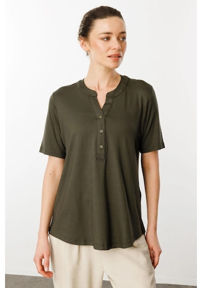 Desen Triko Kadın Yakası Düğmeli Penye T-shirt 25764 Haki Haki
