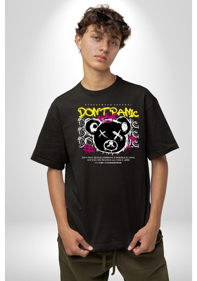 Panik Yok Teddy Pamuklu Bisiklet Yaka Unisex Oversize Boyfriend Dijital Baskılı Siyah T-shirt Siyah Panik Yok Teddy Pamuklu Bisiklet Yaka Unisex Oversize Boyfriend Dijital Baskılı Siyah T-shirt Siyah