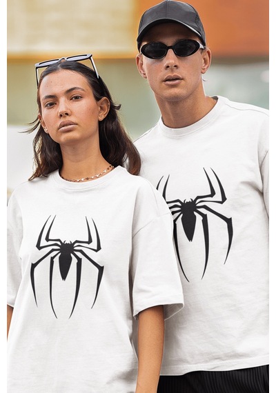 Siyah Spider Ön Baskılı Tişört Beyaz