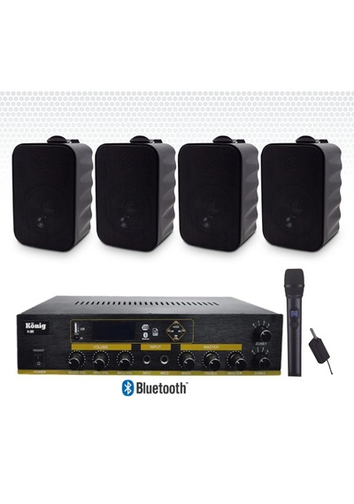 4 Lü Siyah Hoparlörlü Yaka Mikrofonlu Bluetooth Anfi Ses Sistemi Seti