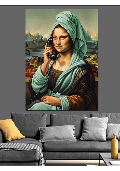 Ahşap Tablo Telefonla Konuşan Mona Lisa