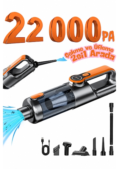 Tln 22.000 Pa Kablosuz Araç Süpürgesi Ve Hava Üfleyici 2'si 1 Arada 5400 Mah Type-c Şarjlı Mini El Süpürgesi 22000pa