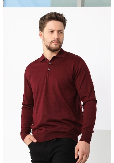 Ferraro Bordo Polo Yaka Superfine Erkek Triko Kazak Bordo