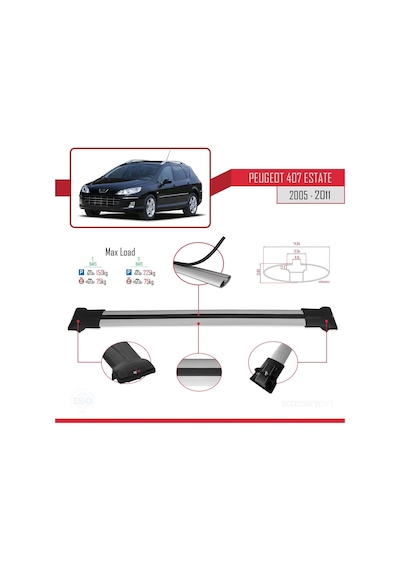 Peugeot 407 Estate 2005-2011 Arası İle Uyumlu Fly Model Ara Atkı Tavan Barı Gri