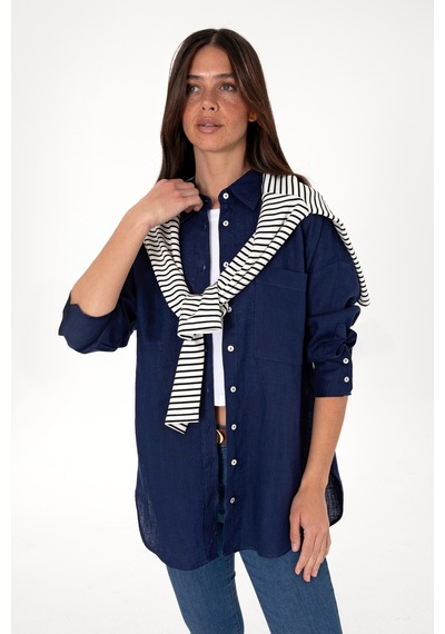 U.S. Polo Assn. Kadın Lacivert Uzun Kollu Keten Tunik Gömlek 50299794-VR033