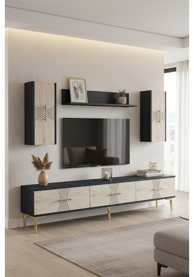 Tvr1832atg Slim Tv Ünitesi Takımı Antrasit-traverten-gold 180cm