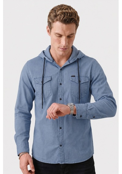 Deep Sea Deepsea Koyu Mavi Kapüşonlu Likralı Kot Gömlek Slim Fit Çıt Çıt Kapamalı Erkek Gömlek 2300396