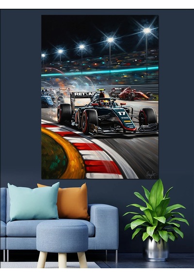 Ahşap Tablo Gece Yarısı Yarış Pisti Ve Formula 1 Arabaları Çocuk Odası Tabloları