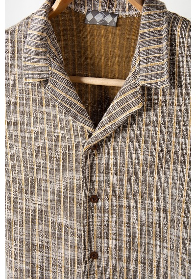 Erkek Sarı Kısa Kollu Slim Fit Çizgi Desenli Pamuklu Yazlık Gömlek Sarı