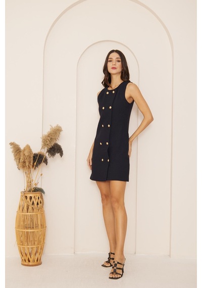 Darlin Moda Lacivert Kolsuz Önü Düğmeli Tweed Elbise Dm1010